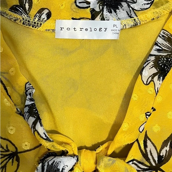 Retrology retro floral yellow blouse Women PL rushed short sleeves V- neck bow - Picture 8 of 16